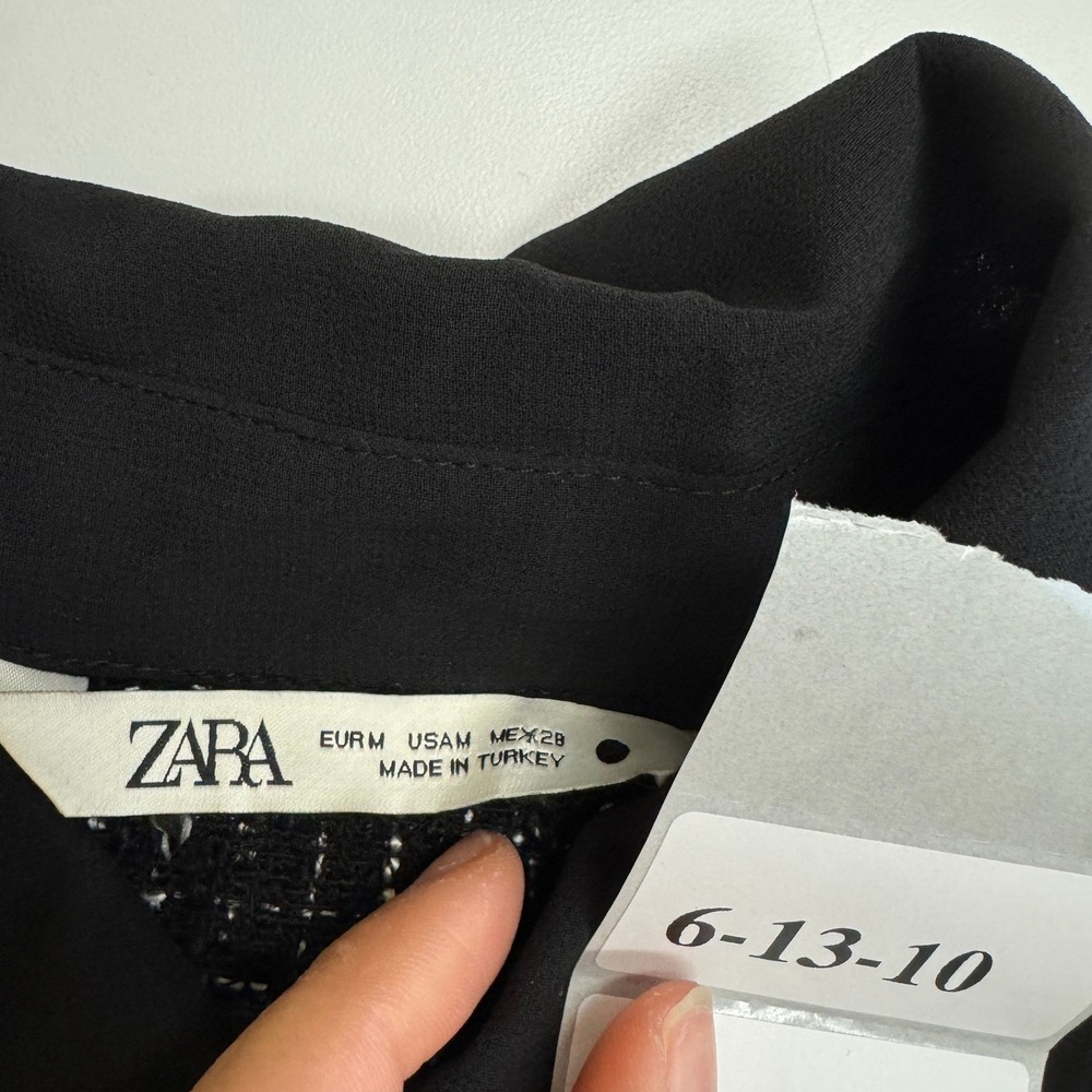 Zara Shirt Women Medium Black Tweed Patchwork Grunge Sheer Button Up - Picture 4 of 10
